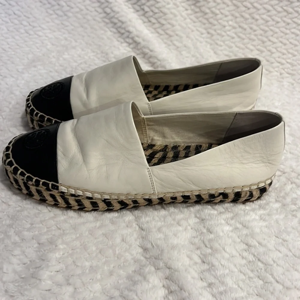 Tory Burch Colour Block Logo Platform Espadrilles Size 9m Black White Leather